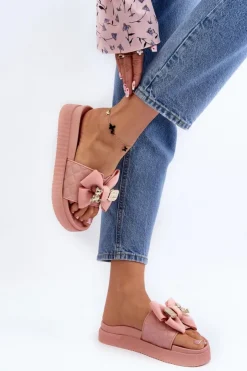 Damskie Boto Damskie Klapki Z Kokardą i Misiem Różowe Katterina