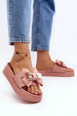 Damskie Boto Damskie Klapki Z Kokardą i Misiem Różowe Katterina