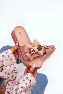 Damskie Boto Damskie Klapki Z Kokardą i Misiem Różowe Katterina