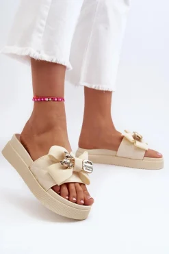 Damskie Boto Damskie Klapki Z Kokardą i Misiem Beżowe Katterina