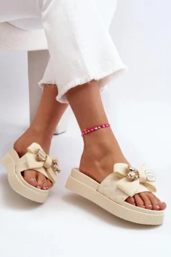 Damskie Boto Damskie Klapki Z Kokardą i Misiem Beżowe Katterina