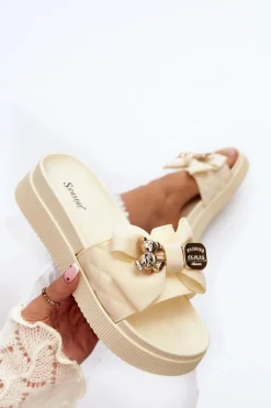 Damskie Boto Damskie Klapki Z Kokardą i Misiem Beżowe Katterina