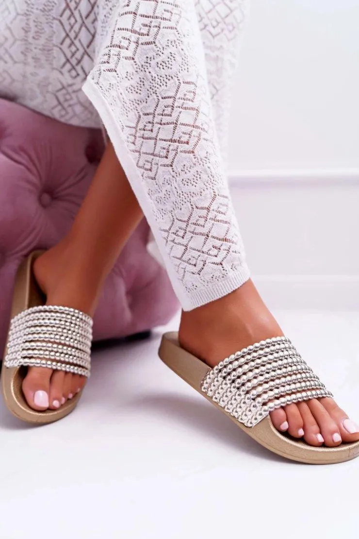 Best Boto Damskie Klapki z Koralikami Złote Elavi