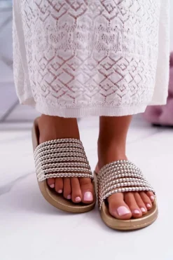 Best Boto Damskie Klapki z Koralikami Złote Elavi