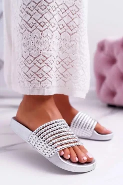 Boto Klapki Damskie Klasyczne*Damskie Klapki z Koralikami Srebrne Elavi