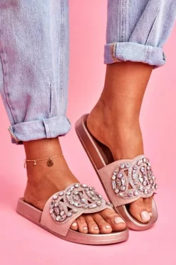 Boto Klapki Damskie Klasyczne*Damskie Klapki Z Kryształkami Różowe Złoto Audrey