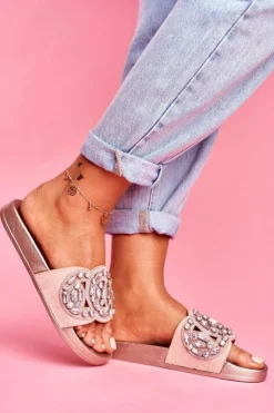 Boto Klapki Damskie Klasyczne*Damskie Klapki Z Kryształkami Różowe Złoto Audrey