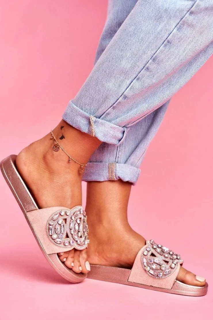 Boto Klapki Damskie Klasyczne*Damskie Klapki Z Kryształkami Różowe Złoto Audrey