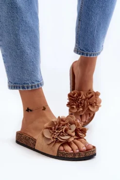 Outlet Boto Damskie Klapki Z Kwiatami Brązowe Lulania