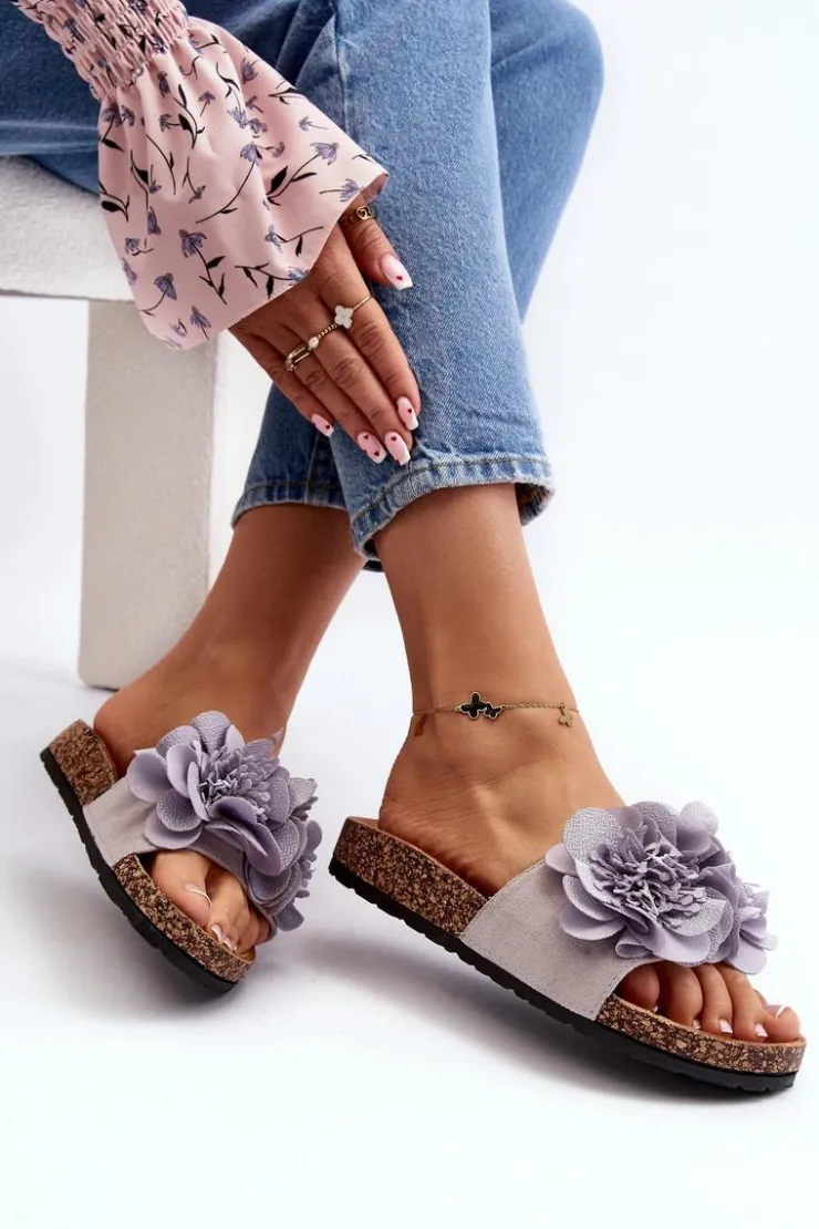 Damskie Boto Damskie Klapki Z Kwiatami Szare Lulania