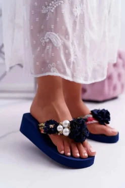 Boto Klapki Na Koturnie|Klapki Na Obcasie*Damskie Klapki Z Kwiatem Japonki Na Koturnie Granatowe Sharme