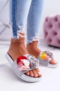 Damskie Boto Damskie Klapki Z Kwiatem Szare Della