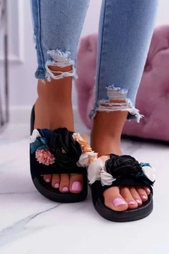 Boto Klapki Damskie Klasyczne*Damskie Klapki Z Kwiatem Czarne Della