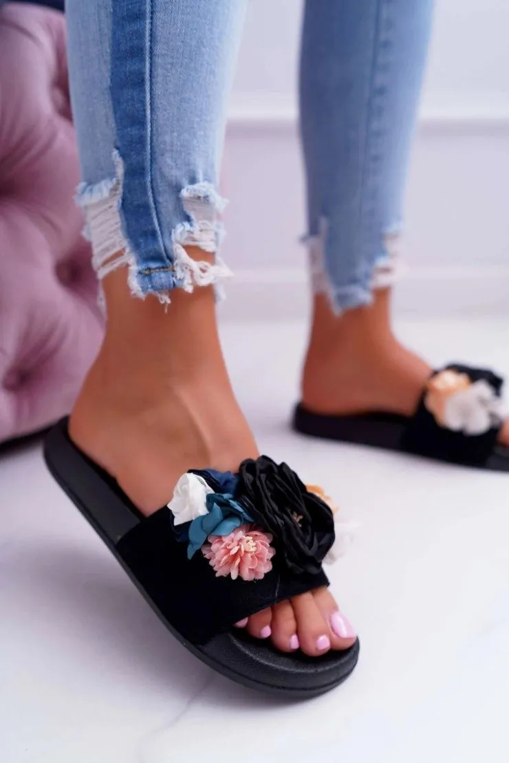 Boto Klapki Damskie Klasyczne*Damskie Klapki Z Kwiatem Czarne Della