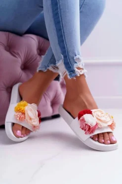 Online Boto Damskie Klapki Z Kwiatem Białe Della