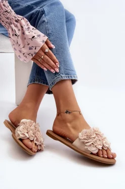 New Boto Damskie Klapki Z Kwiatkami Beżowe Eelfan