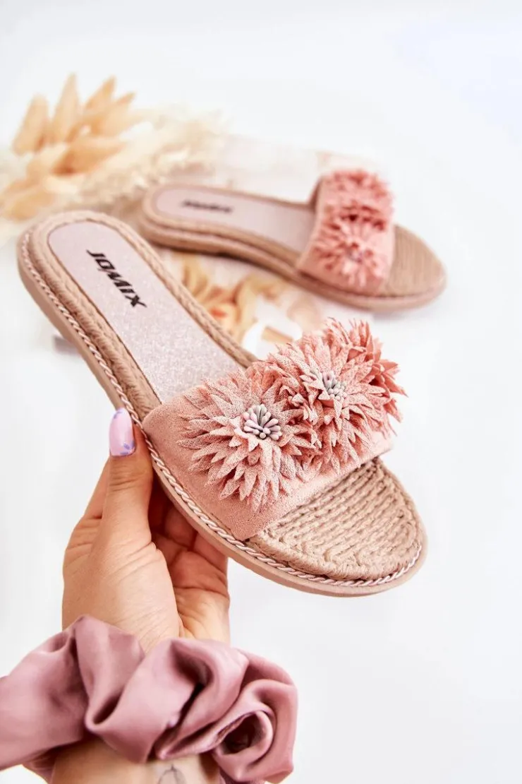 Clearance Boto Damskie Klapki Z Materiałowymi Kwiatami Różowe Susana