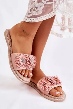Clearance Boto Damskie Klapki Z Materiałowymi Kwiatami Różowe Susana
