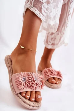 Clearance Boto Damskie Klapki Z Materiałowymi Kwiatami Różowe Susana