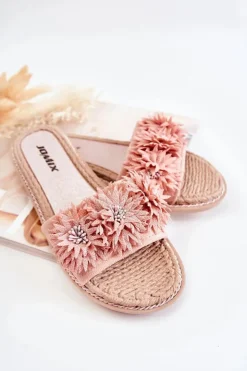 Clearance Boto Damskie Klapki Z Materiałowymi Kwiatami Różowe Susana