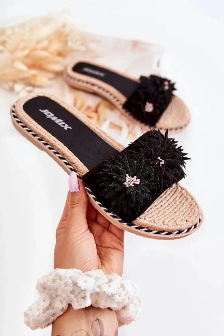 Best Boto Damskie Klapki Z Materiałowymi Kwiatami Czarne Susana