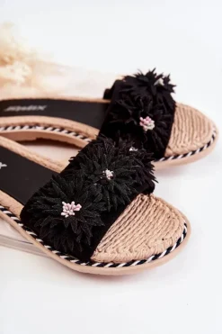 Best Boto Damskie Klapki Z Materiałowymi Kwiatami Czarne Susana