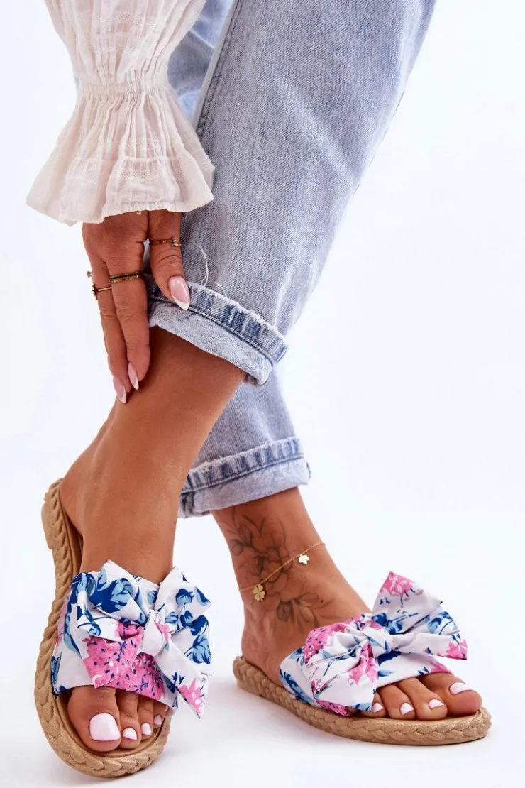 Boto Klapki Damskie Klasyczne*Damskie Klapki Z Materiałową Kokardą Białe Blossom