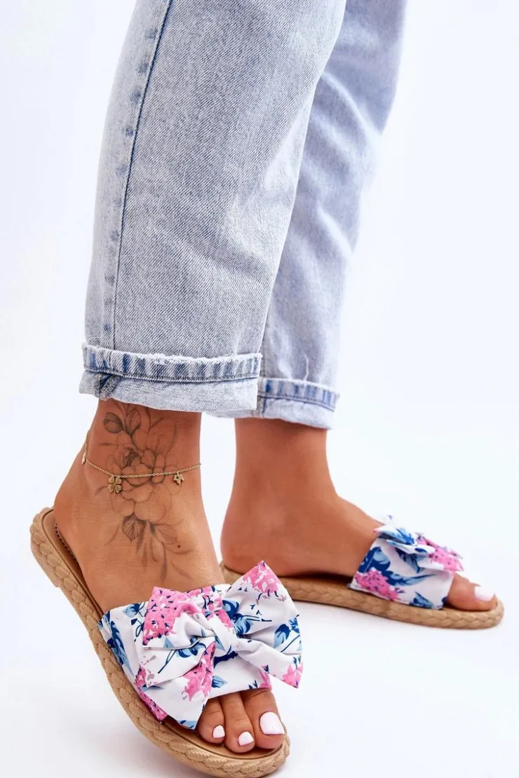 Boto Klapki Damskie Klasyczne*Damskie Klapki Z Materiałową Kokardą Białe Blossom