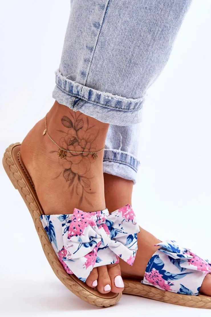 Boto Klapki Damskie Klasyczne*Damskie Klapki Z Materiałową Kokardą Białe Blossom