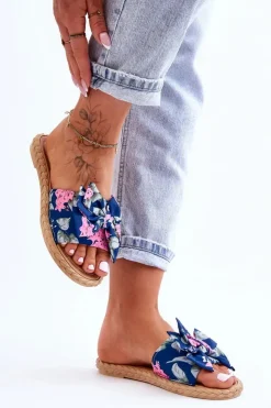 Damskie Boto Damskie Klapki Z Materiałową Kokardą Granatowe Blossom