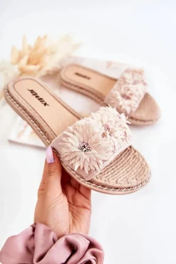 Boto Klapki Damskie Klasyczne*Damskie Klapki Z Materiałowymi Kwiatami Beżowe Susana