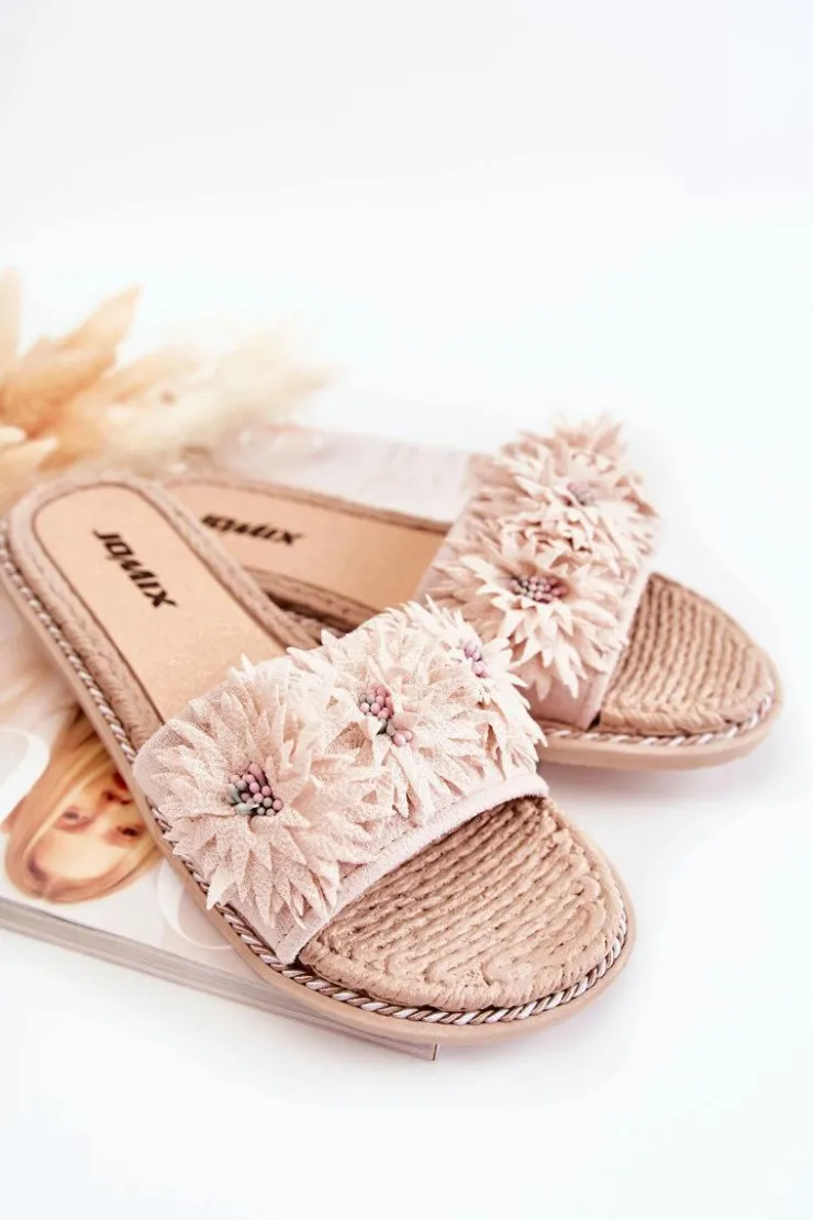 Boto Klapki Damskie Klasyczne*Damskie Klapki Z Materiałowymi Kwiatami Beżowe Susana