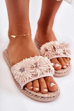 Boto Klapki Damskie Klasyczne*Damskie Klapki Z Materiałowymi Kwiatami Beżowe Susana