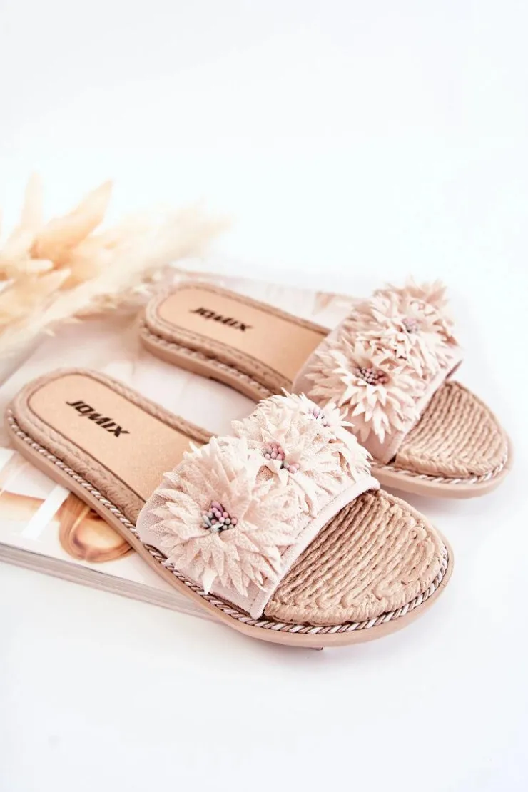 Boto Klapki Damskie Klasyczne*Damskie Klapki Z Materiałowymi Kwiatami Beżowe Susana