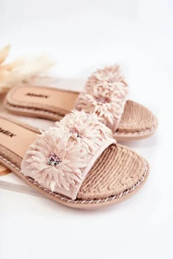 Boto Klapki Damskie Klasyczne*Damskie Klapki Z Materiałowymi Kwiatami Beżowe Susana