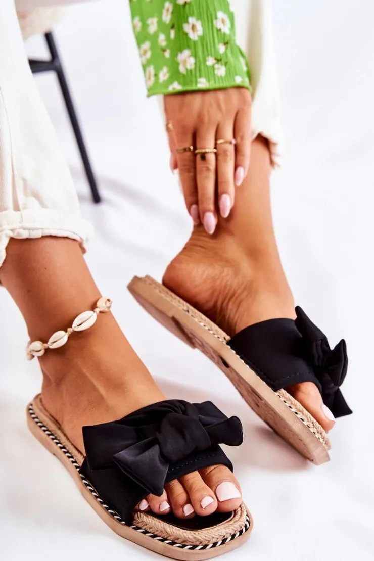 Damskie Boto Damskie Klapki Z Materiałową Kokardą Czarne Ginna