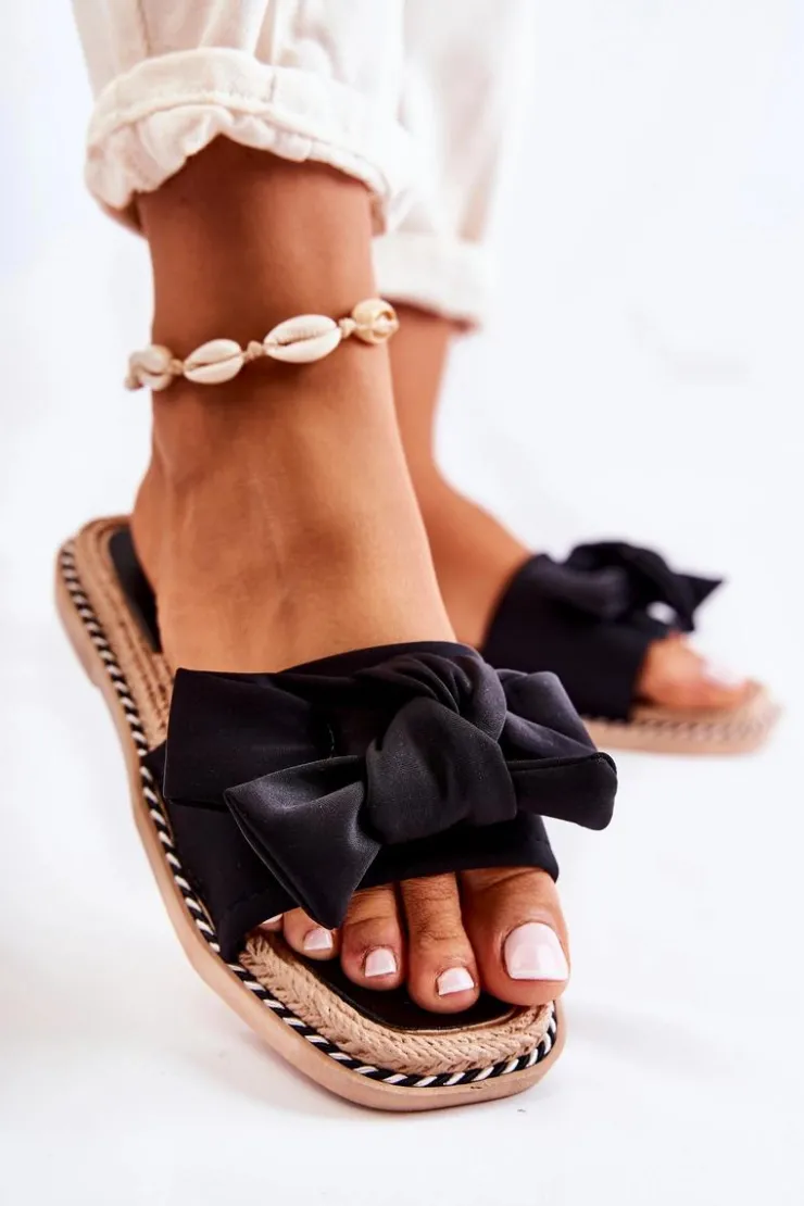 Damskie Boto Damskie Klapki Z Materiałową Kokardą Czarne Ginna