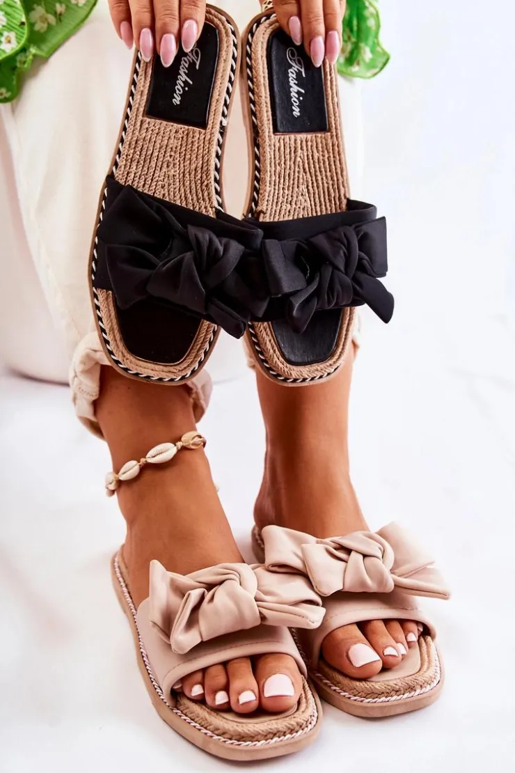 Damskie Boto Damskie Klapki Z Materiałową Kokardą Czarne Ginna