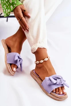 Boto Klapki Damskie Klasyczne*Damskie Klapki Z Materiałową Kokardą Fioletowe Ginna