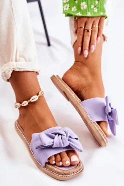 Boto Klapki Damskie Klasyczne*Damskie Klapki Z Materiałową Kokardą Fioletowe Ginna