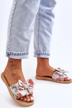 Damskie Boto Damskie Klapki Z Materiałową Kokardą Beżowe Blossom