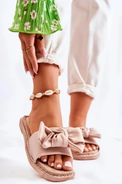 Boto Damskie Klapki Z Materiałową Kokardą Beżowe Ginna