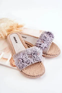 Damskie Boto Damskie Klapki Z Materiałowymi Kwiatami Szare Susana