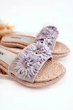 Damskie Boto Damskie Klapki Z Materiałowymi Kwiatami Szare Susana