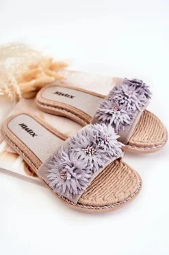 Damskie Boto Damskie Klapki Z Materiałowymi Kwiatami Szare Susana