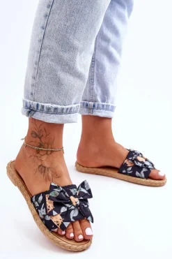 Discount Boto Damskie Klapki Z Materiałową Kokardą Czarne Blossom