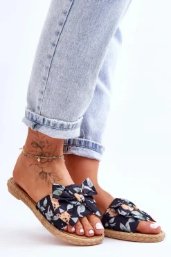 Discount Boto Damskie Klapki Z Materiałową Kokardą Czarne Blossom