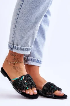 Damskie buty S.Barski Klapki Damskie Klasyczne*Damskie Klapki Z Modnymi Ozdobami S.Barski KV-576-4 Czarne