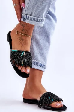 Damskie buty S.Barski Klapki Damskie Klasyczne*Damskie Klapki Z Modnymi Ozdobami S.Barski KV-576-4 Czarne