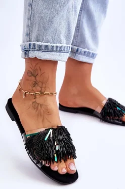 Damskie buty S.Barski Klapki Damskie Klasyczne*Damskie Klapki Z Modnymi Ozdobami S.Barski KV-576-4 Czarne